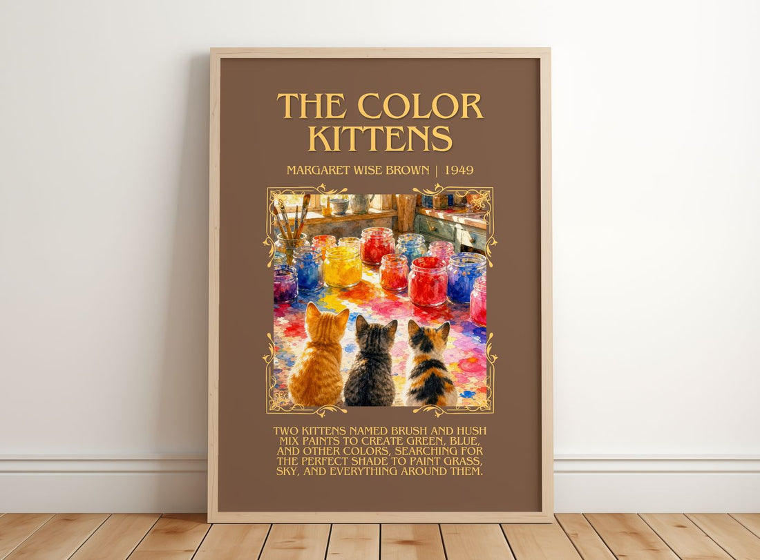The Color Kittens Minimalist Book Poster by Margaret Wise Brown – framed print leaning on a wooden floor