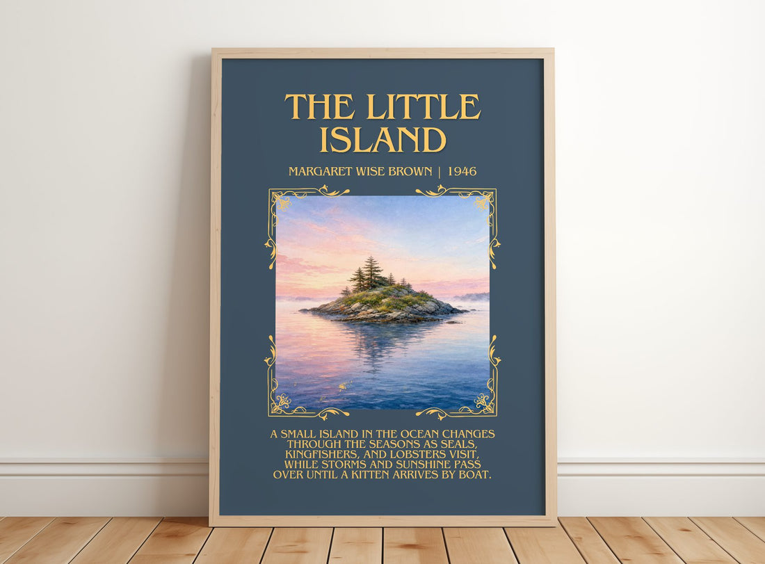 The Little Island Minimalist Book Poster by Margaret Wise Brown – framed print leaning on a wooden floor