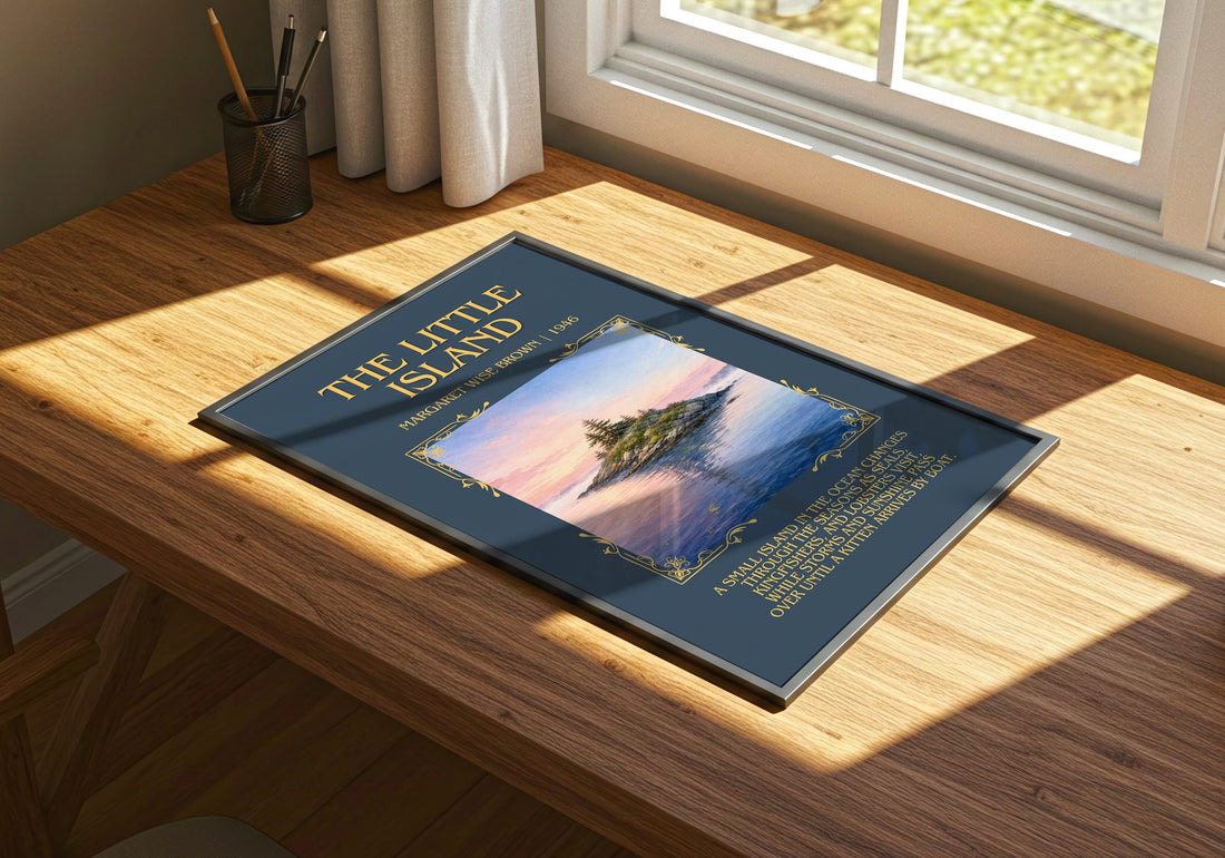 The Little Island Minimalist Book Poster by Margaret Wise Brown – print on a sunlit desk
