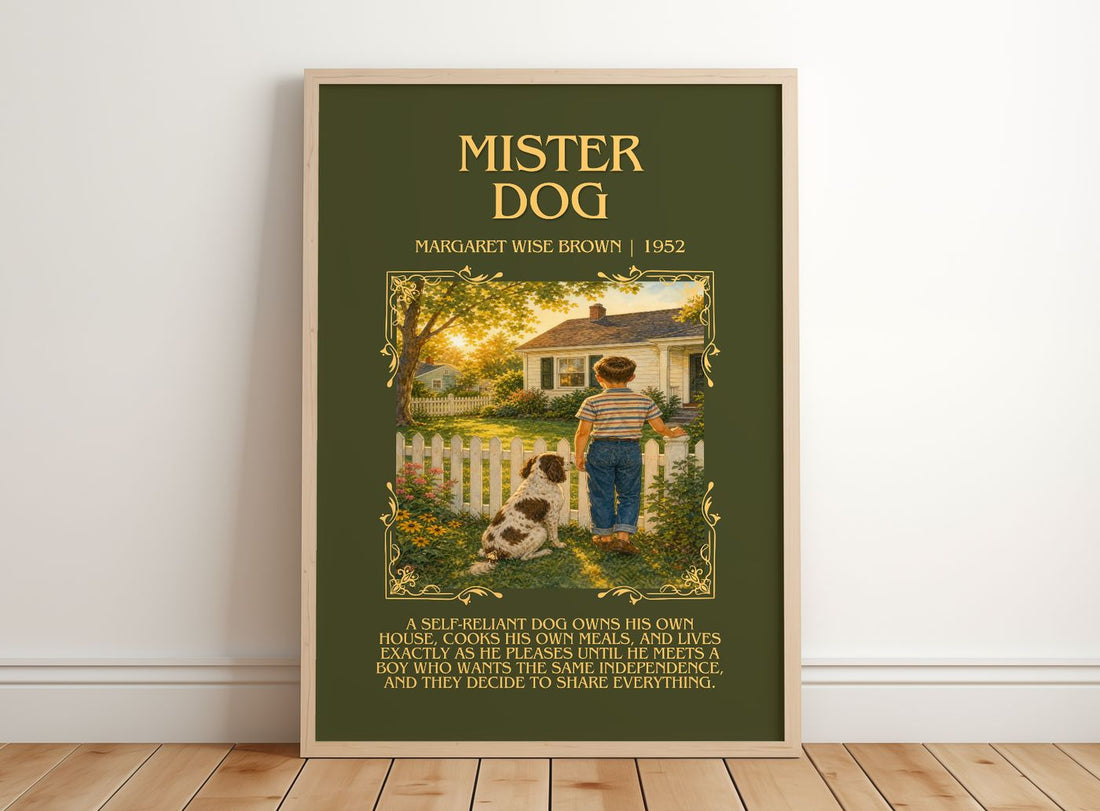 Mister Dog Minimalist Book Poster by Margaret Wise Brown – framed print leaning on a wooden floor