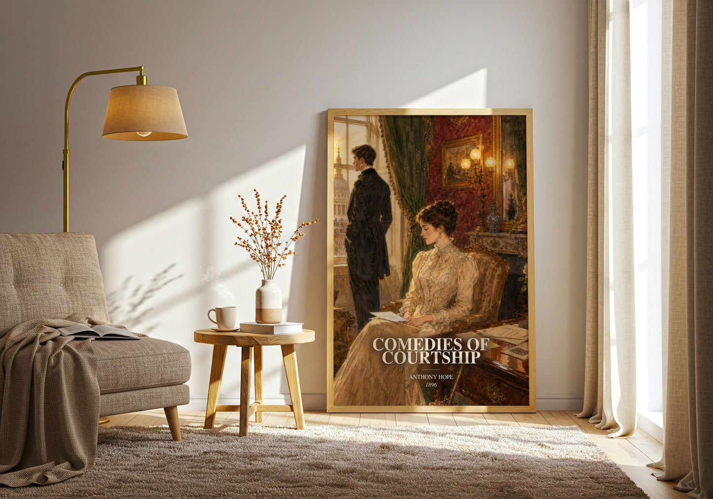 Comedies Of Courtship watercolour print in frame leaning in hallway – romance wall art