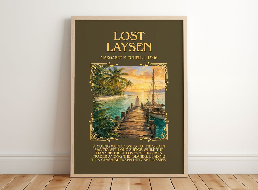 Lost Laysen Minimalist Book Poster by Margaret Mitchell – framed print leaning on a wooden floor
