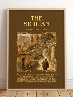 The Sicilian Minimalist Book Poster by Mario Puzo – framed print leaning on a wooden floor