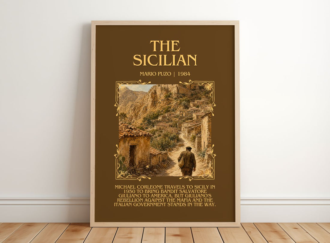 The Sicilian Minimalist Book Poster by Mario Puzo – framed print leaning on a wooden floor