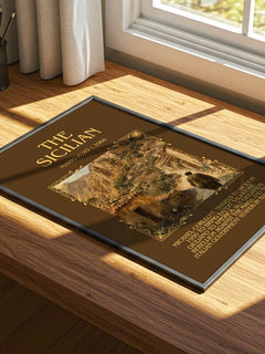 The Sicilian Minimalist Book Poster by Mario Puzo – print on a sunlit desk