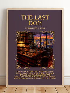 The Last Don Minimalist Book Poster by Mario Puzo – framed print leaning on a wooden floor