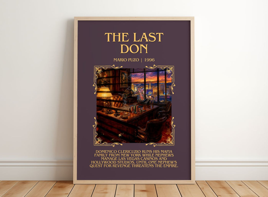 The Last Don Minimalist Book Poster by Mario Puzo – framed print leaning on a wooden floor