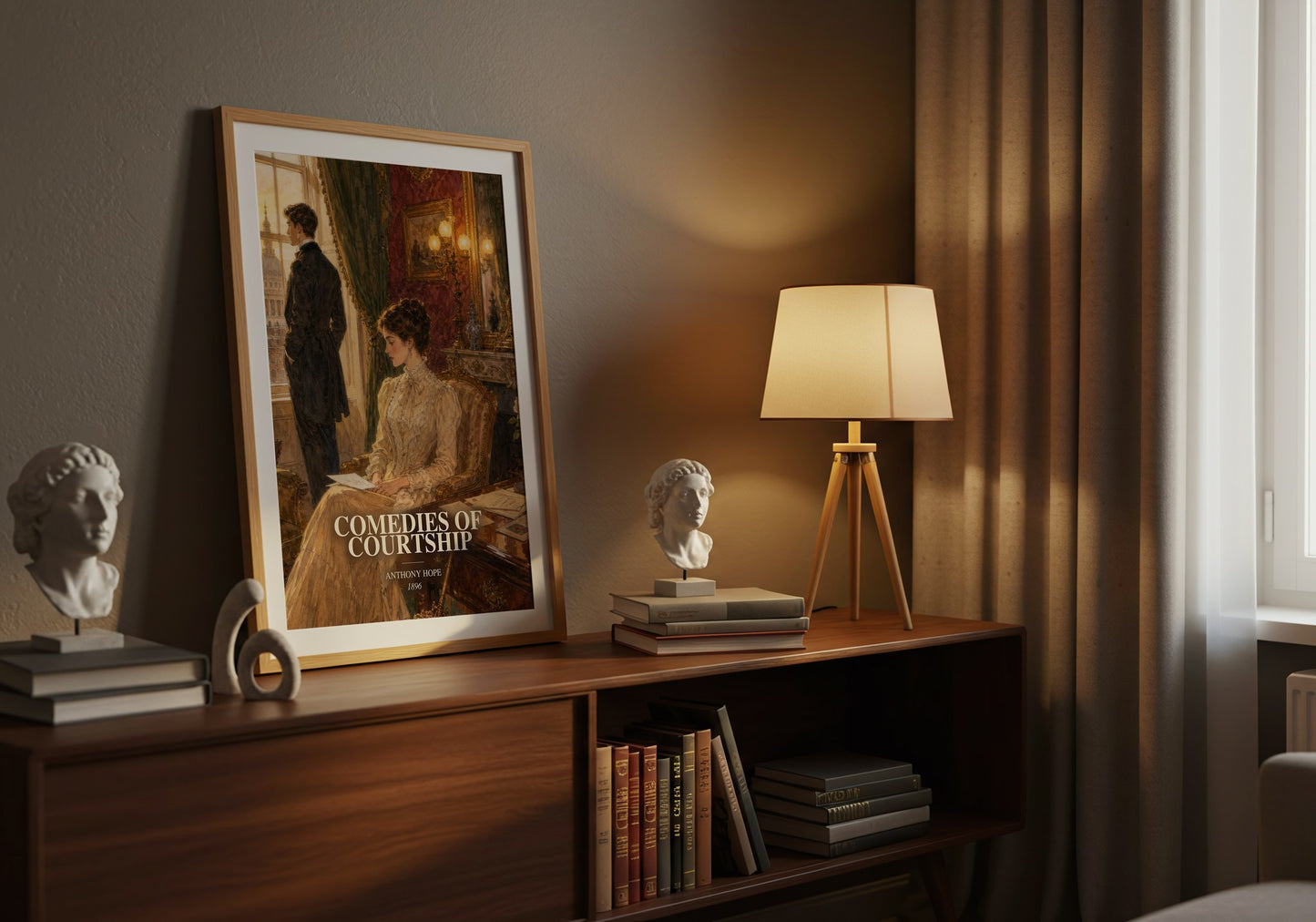 Comedies Of Courtship watercolour print on bookshelf – Anthony Hope fan gift