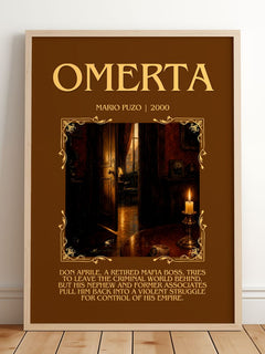 Omertà Minimalist Book Poster by Mario Puzo – framed print leaning on a wooden floor