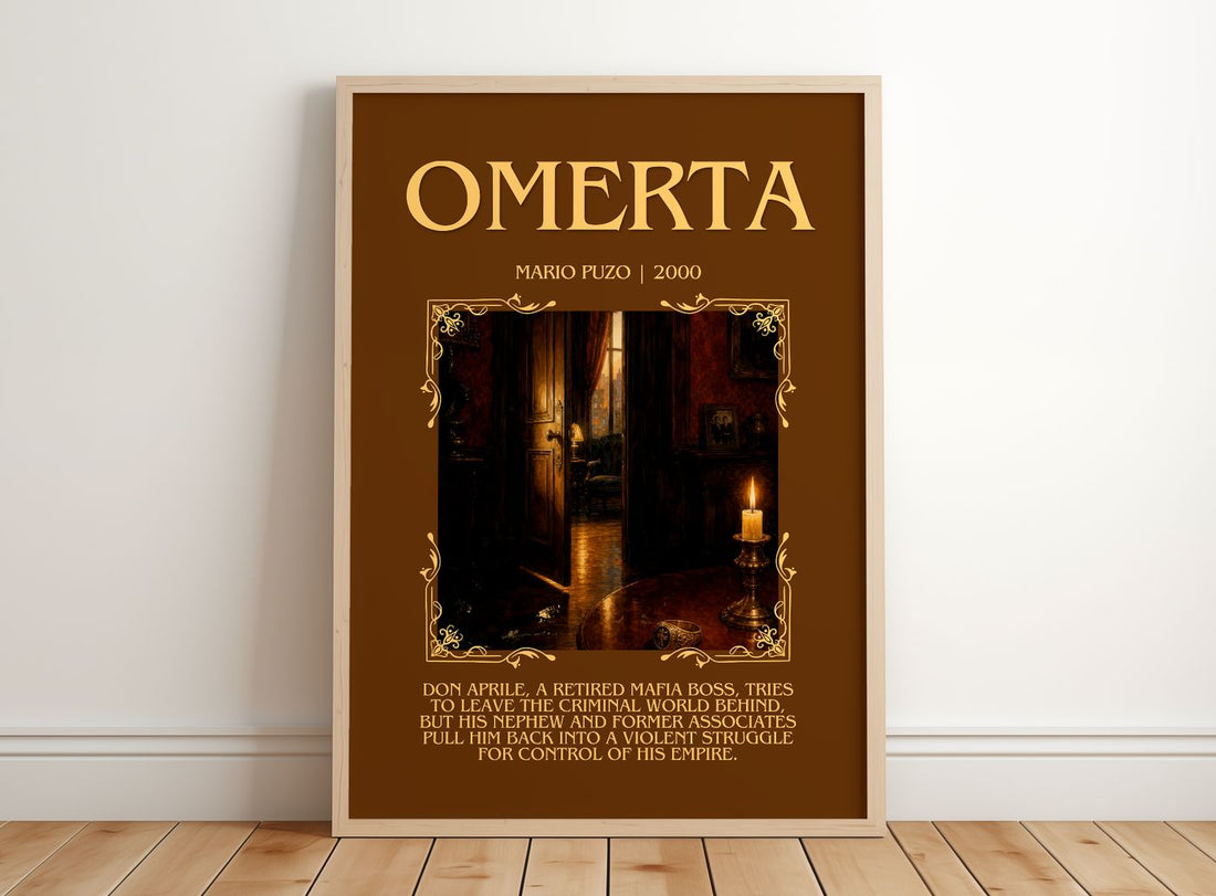 Omertà Minimalist Book Poster by Mario Puzo – framed print leaning on a wooden floor