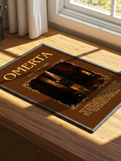 Omertà Minimalist Book Poster by Mario Puzo – print on a sunlit desk