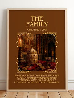 The Family Minimalist Book Poster by Mario Puzo – framed print leaning on a wooden floor