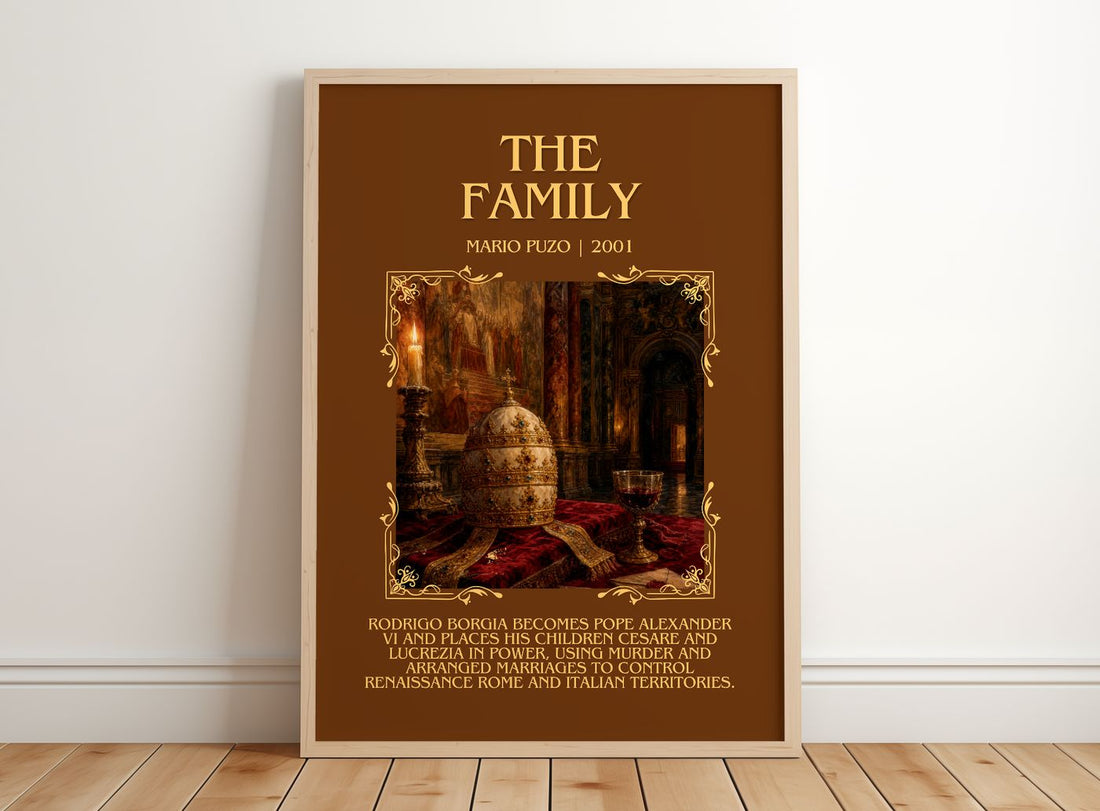 The Family Minimalist Book Poster by Mario Puzo – framed print leaning on a wooden floor