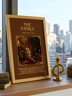 The Family Minimalist Book Poster by Mario Puzo – framed print on a city-view windowsill