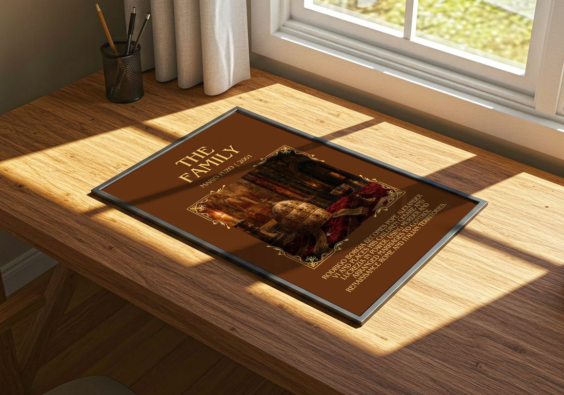The Family Minimalist Book Poster by Mario Puzo – print on a sunlit desk