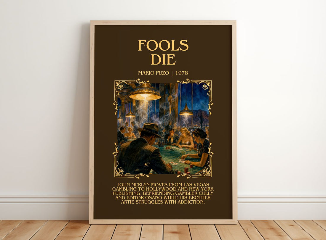 Fools Die Minimalist Book Poster by Mario Puzo – framed print leaning on a wooden floor