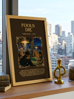 Fools Die Minimalist Book Poster by Mario Puzo – framed print on a city-view windowsill