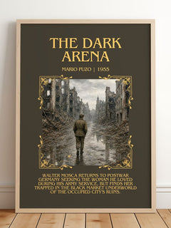 The Dark Arena Minimalist Book Poster by Mario Puzo – framed print leaning on a wooden floor