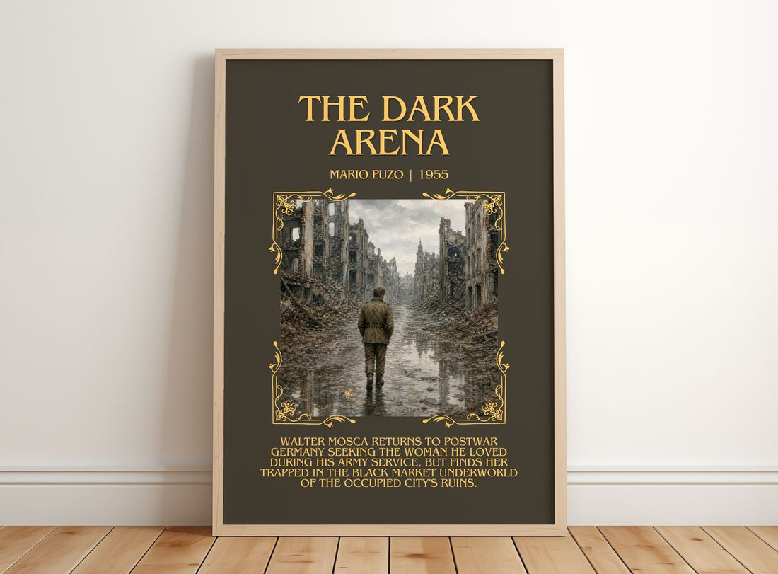 The Dark Arena Minimalist Book Poster by Mario Puzo – framed print leaning on a wooden floor