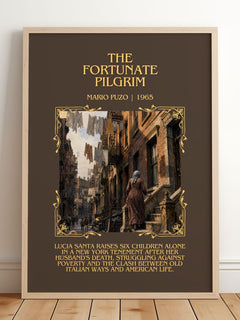 The Fortunate Pilgrim Minimalist Book Poster by Mario Puzo – framed print leaning on a wooden floor