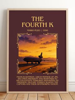 The Fourth K Minimalist Book Poster by Mario Puzo – framed print leaning on a wooden floor