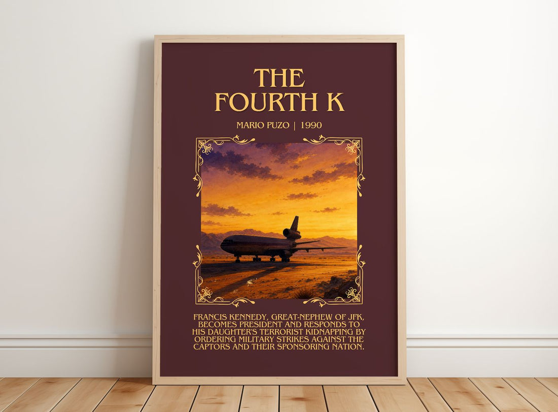 The Fourth K Minimalist Book Poster by Mario Puzo – framed print leaning on a wooden floor