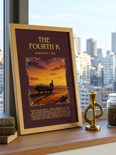 The Fourth K Minimalist Book Poster by Mario Puzo – framed print on a city-view windowsill