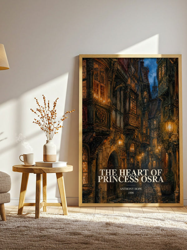 The Heart Of Princess Osra watercolour print in frame leaning in hallway – historical fiction wall art