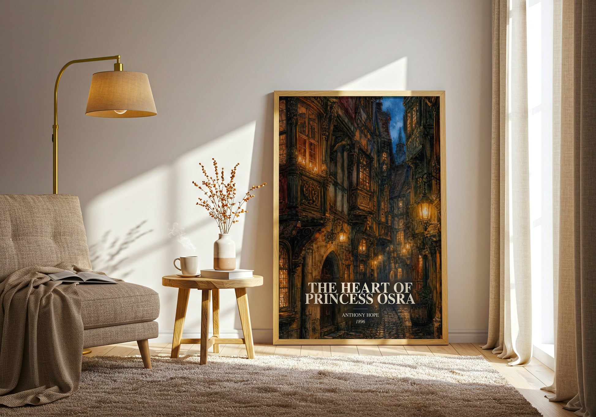 The Heart Of Princess Osra watercolour print in frame leaning in hallway – historical fiction wall art