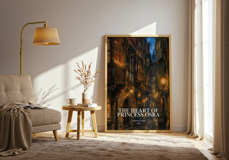The Heart Of Princess Osra watercolour print in frame leaning in hallway – historical fiction wall art