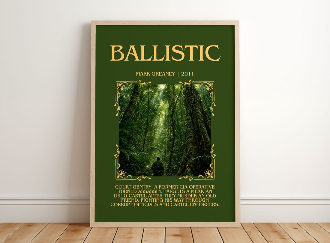 Ballistic Minimalist Book Poster by Mark Greaney – framed print leaning on a wooden floor