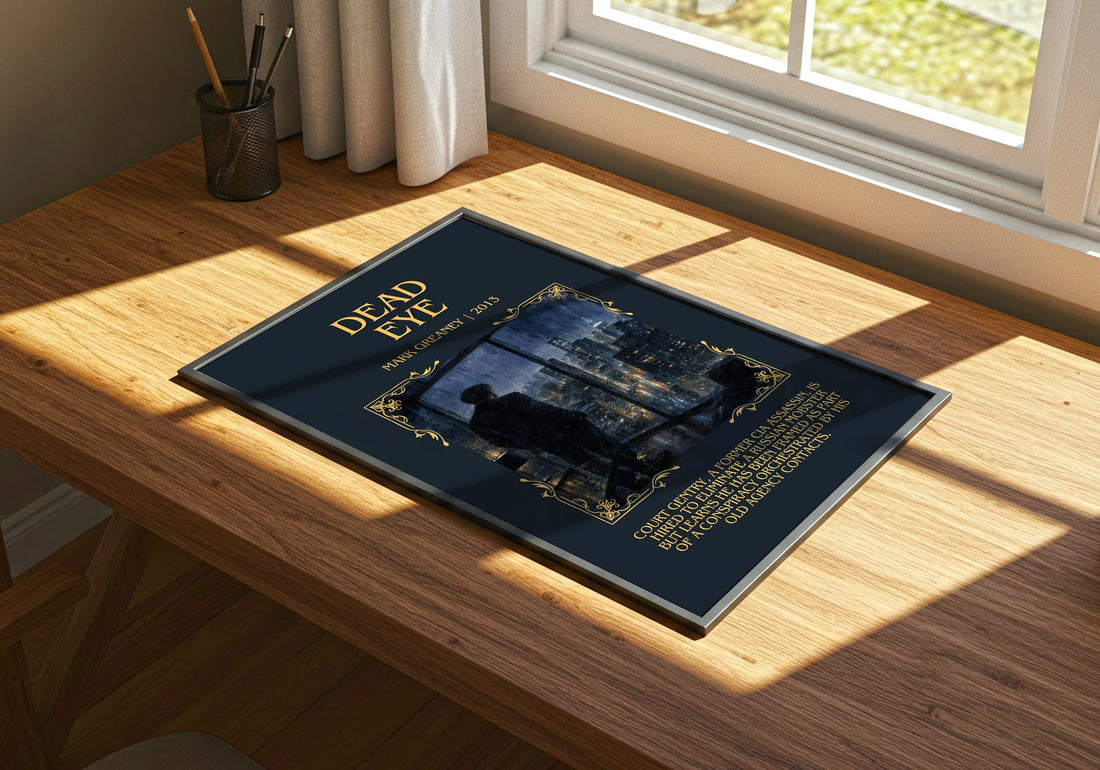 Dead Eye Minimalist Book Poster by Mark Greaney – print on a sunlit desk
