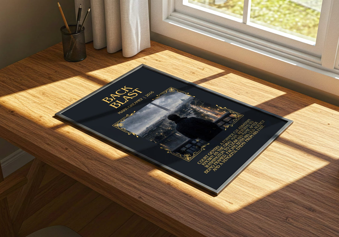 Back Blast Minimalist Book Poster by Mark Greaney – print on a sunlit desk