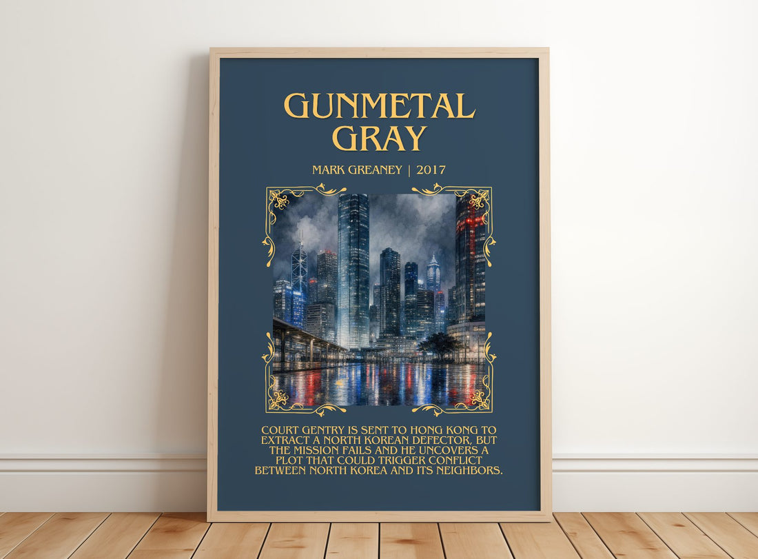 Gunmetal Gray Minimalist Book Poster by Mark Greaney – framed print leaning on a wooden floor