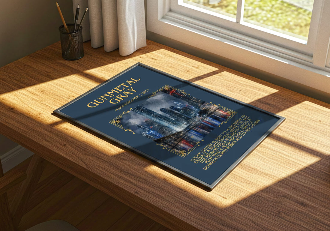 Gunmetal Gray Minimalist Book Poster by Mark Greaney – print on a sunlit desk
