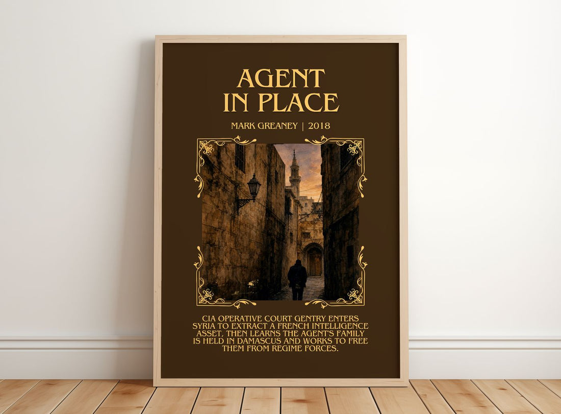 Agent In Place Minimalist Book Poster by Mark Greaney – framed print leaning on a wooden floor