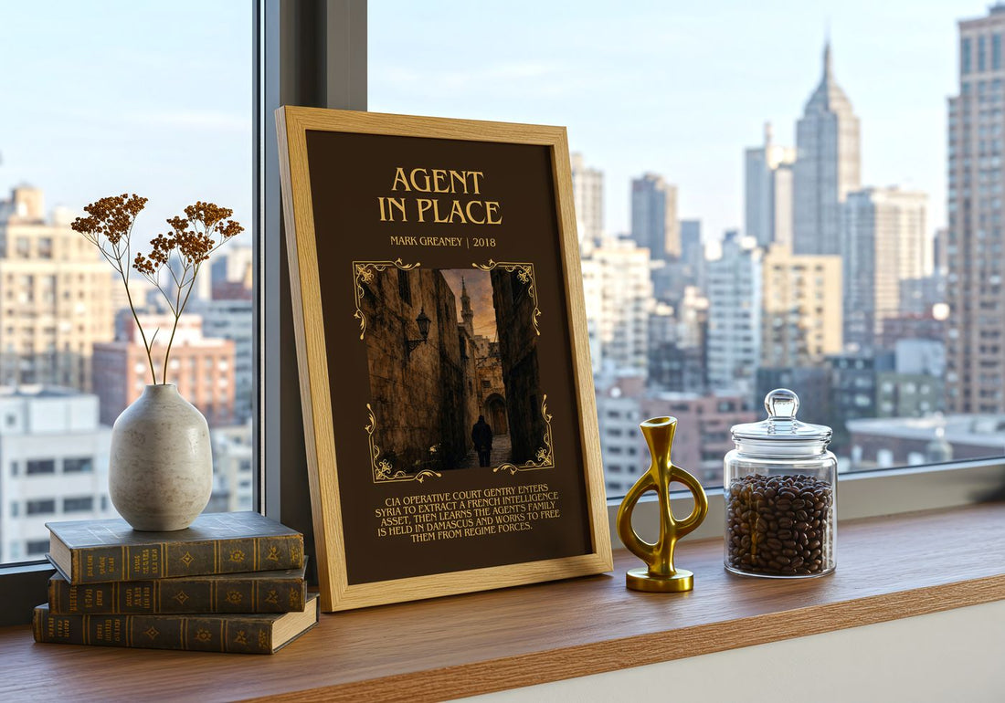 Agent In Place Minimalist Book Poster by Mark Greaney – framed print on a city-view windowsill