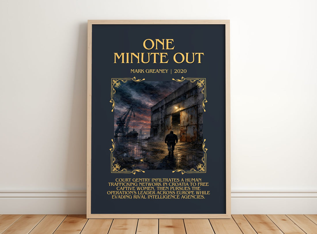 One Minute Out Minimalist Book Poster by Mark Greaney – framed print leaning on a wooden floor