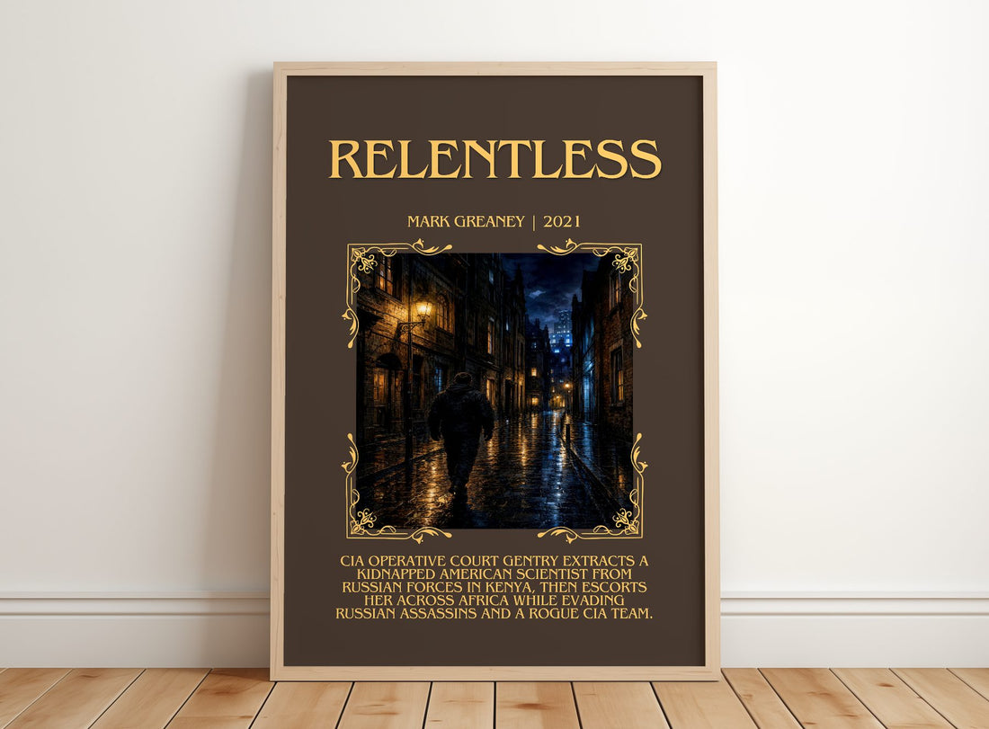 Relentless Minimalist Book Poster by Mark Greaney – framed print leaning on a wooden floor