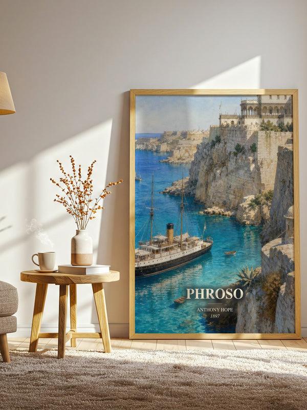 Phroso watercolour print in frame leaning in hallway – adventure wall art