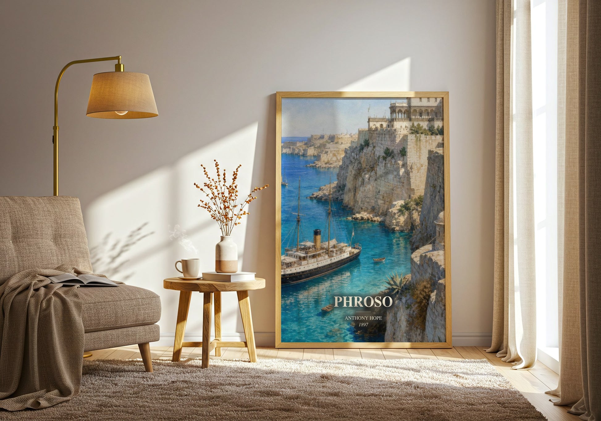 Phroso watercolour print in frame leaning in hallway – adventure wall art