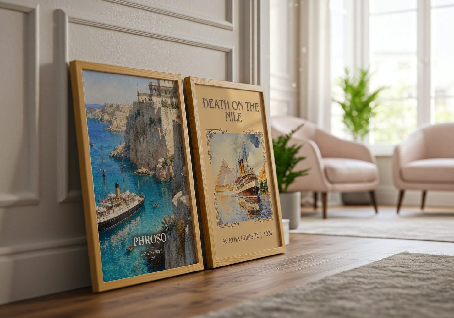 Phroso watercolour print framed by window – literary home decor