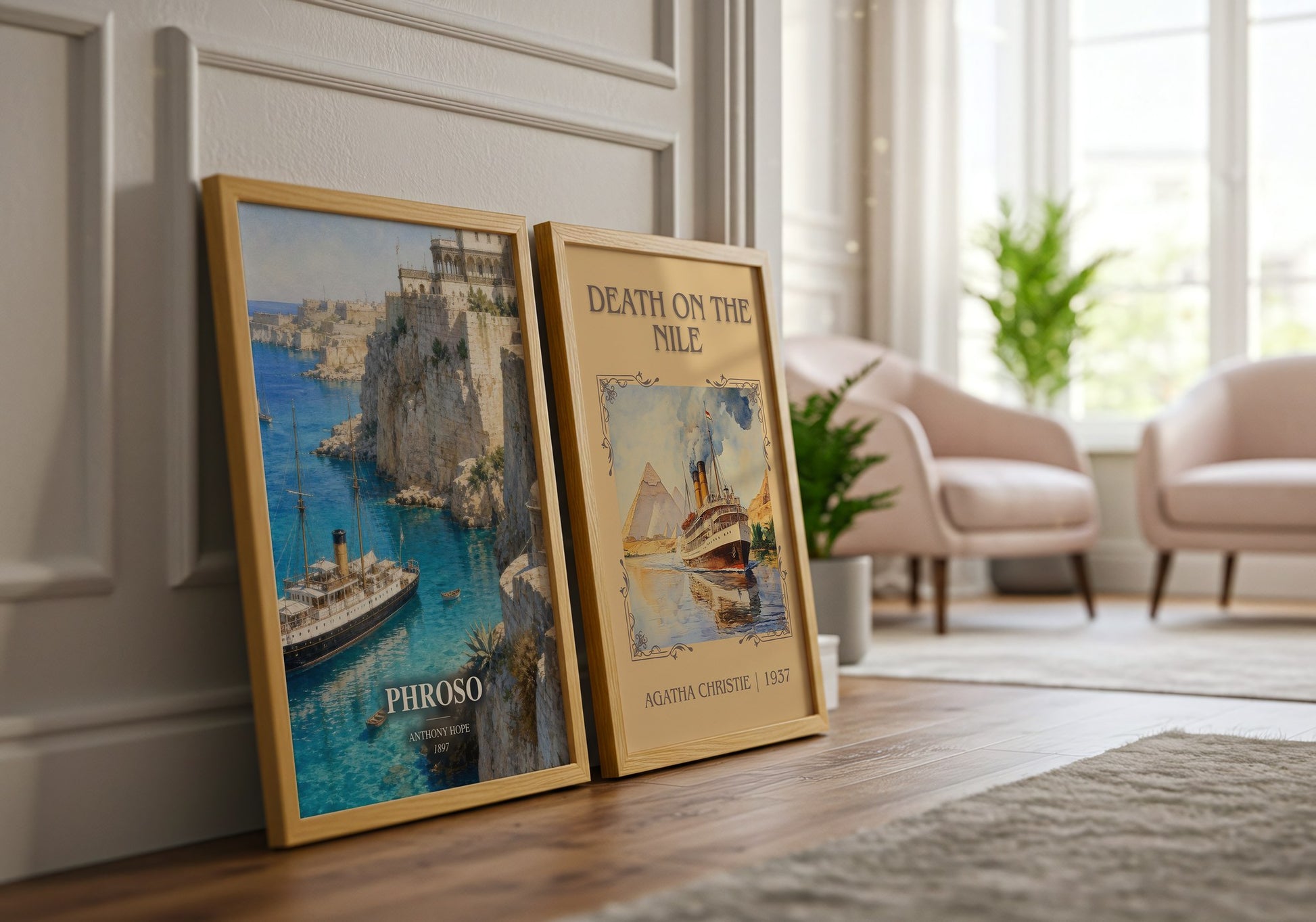 Phroso watercolour print framed by window – literary home decor