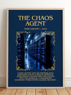 The Chaos Agent Minimalist Book Poster by Mark Greaney – framed print leaning on a wooden floor