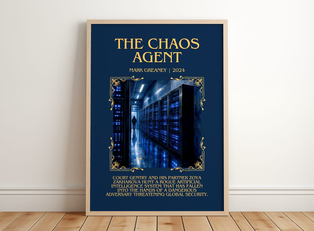 The Chaos Agent Minimalist Book Poster by Mark Greaney – framed print leaning on a wooden floor