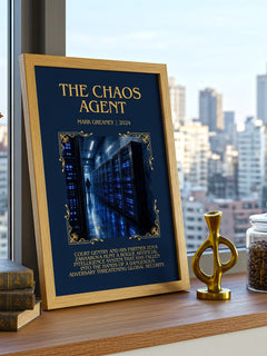 The Chaos Agent Minimalist Book Poster by Mark Greaney – framed print on a city-view windowsill