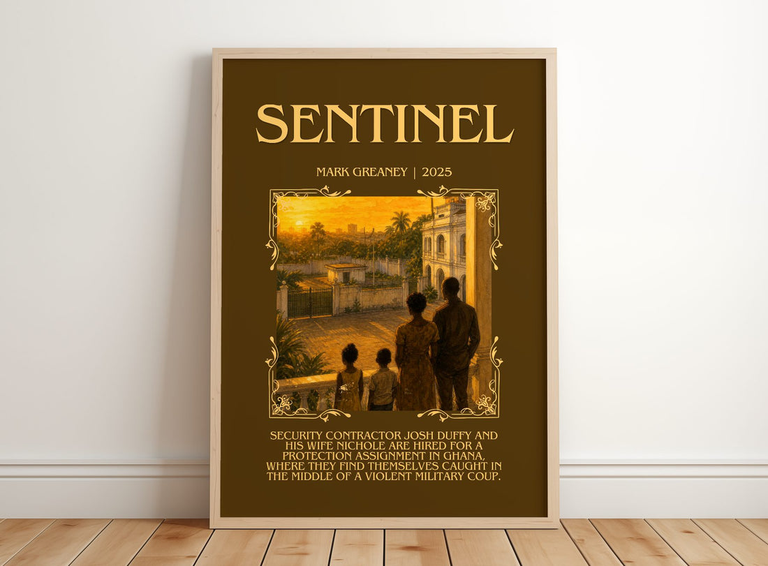 Sentinel Minimalist Book Poster by Mark Greaney – framed print leaning on a wooden floor
