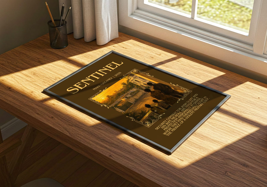 Sentinel Minimalist Book Poster by Mark Greaney – print on a sunlit desk