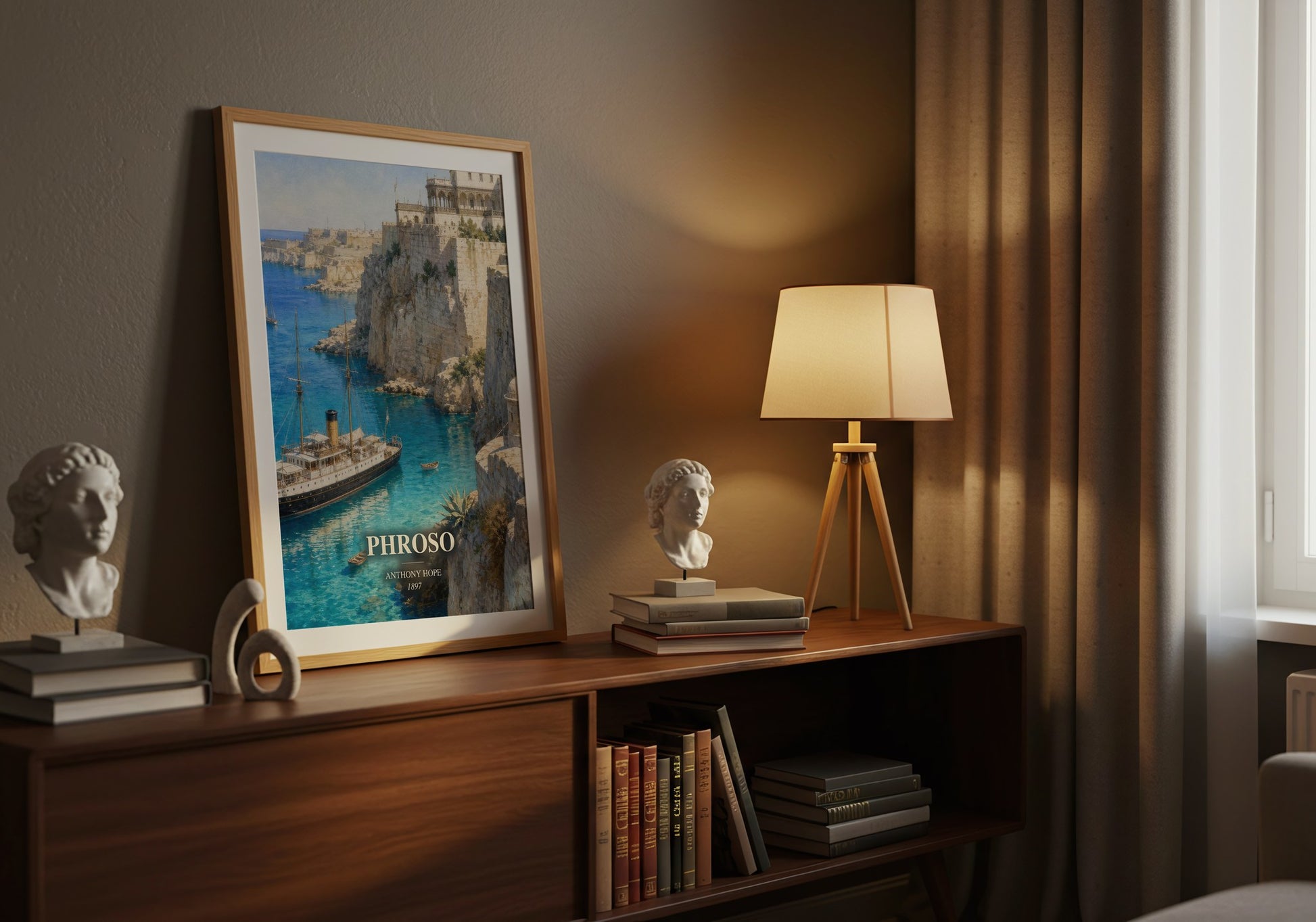 Phroso watercolour print on bookshelf – Anthony Hope fan gift