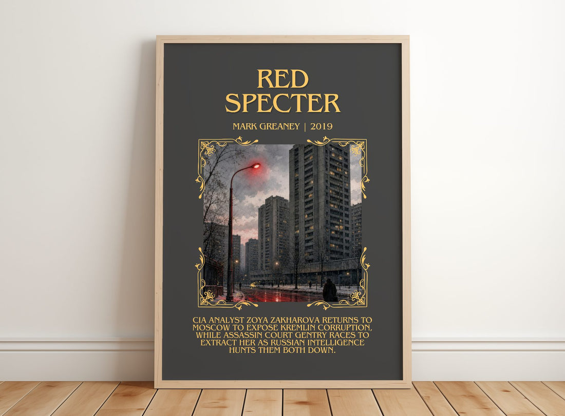 Red Specter Minimalist Book Poster by Mark Greaney – framed print leaning on a wooden floor